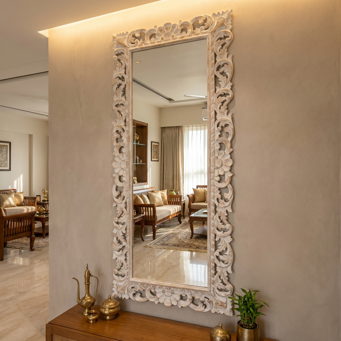 Antique White Wooden Wall Decor Mirror Frame – 72 x 24 Inches (Frame Only)
