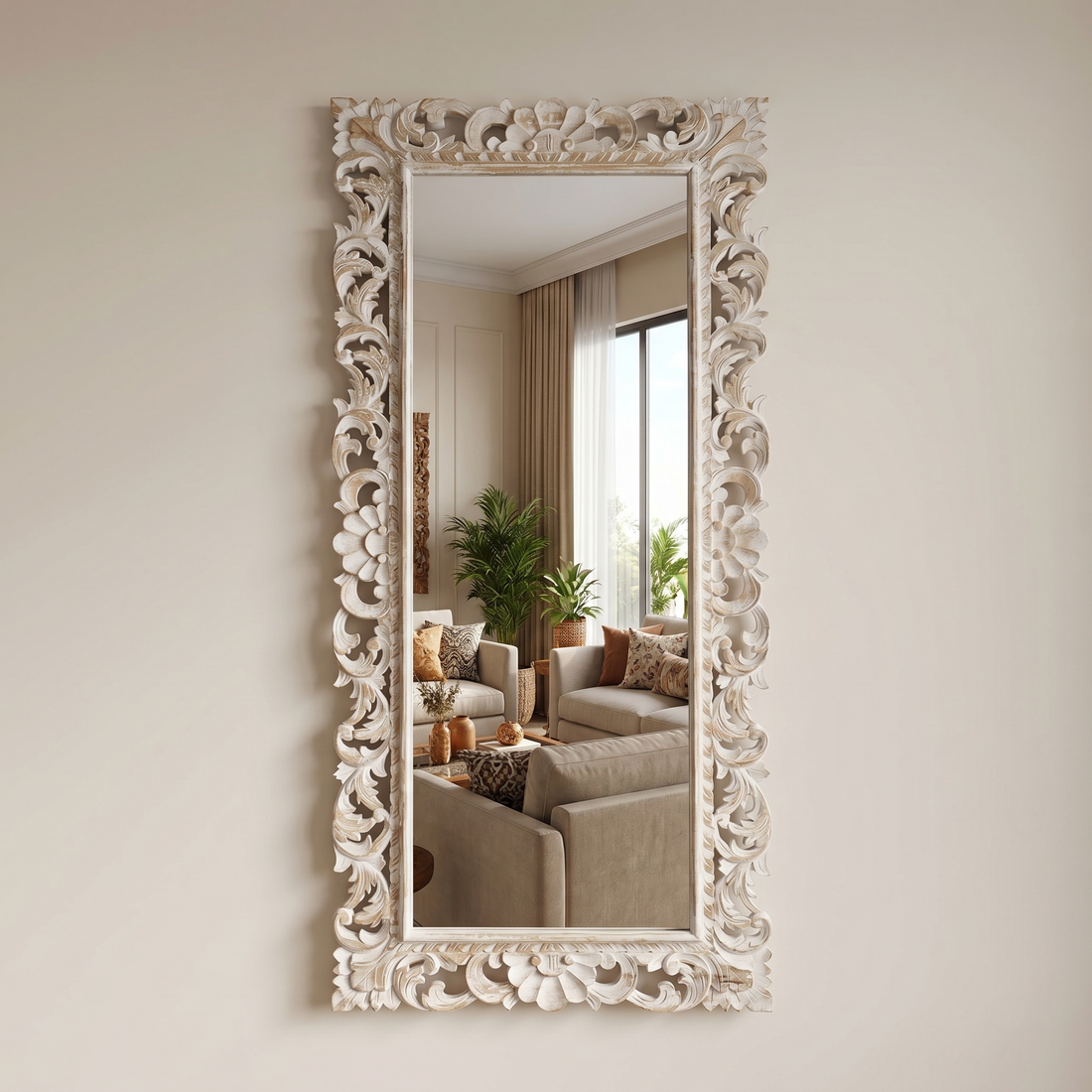 Antique White Wooden Wall Decor Mirror Frame – 72 x 24 Inches (Frame Only)