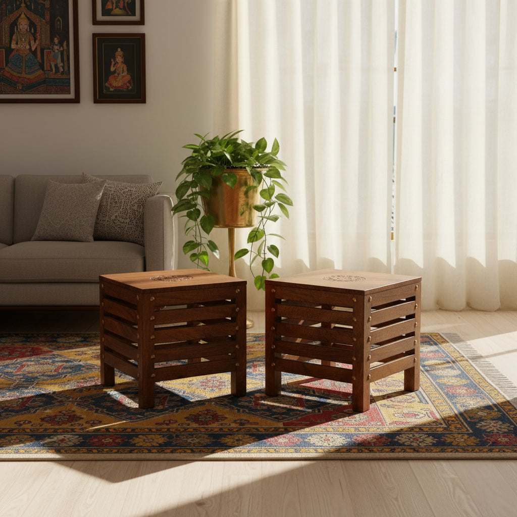 Handcrafted Wooden Square Stools (Pack of 2)