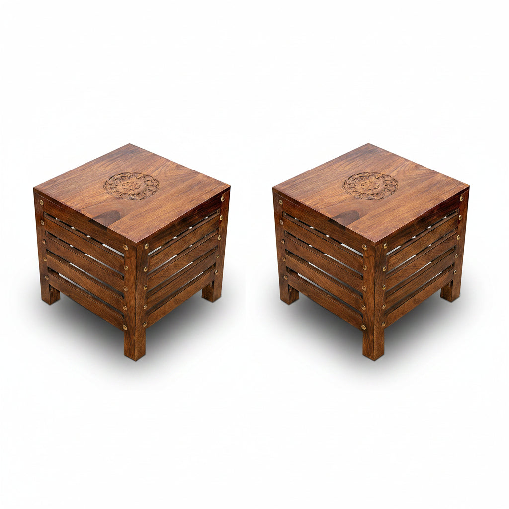 Handcrafted Wooden Square Stools (Pack of 2)