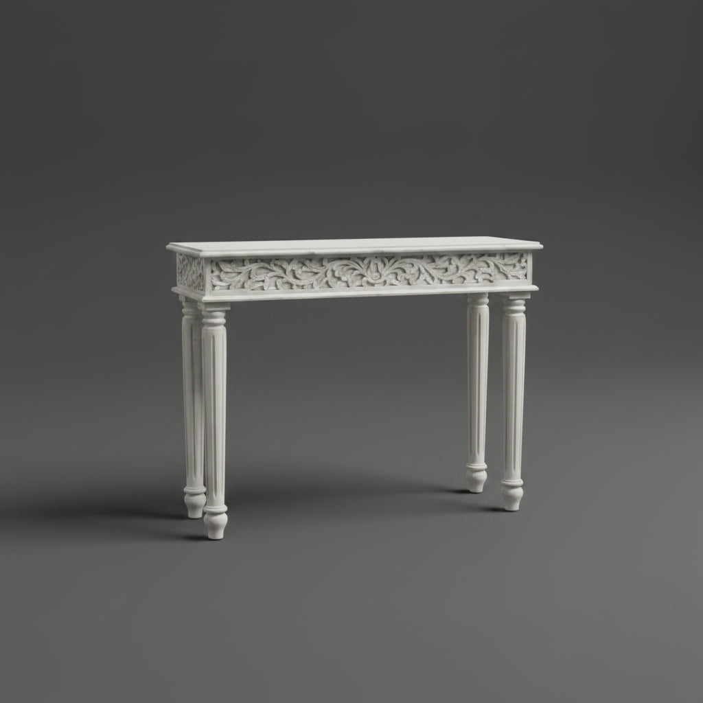 Hand-Carved Solid Wood Console Table – Distressed White