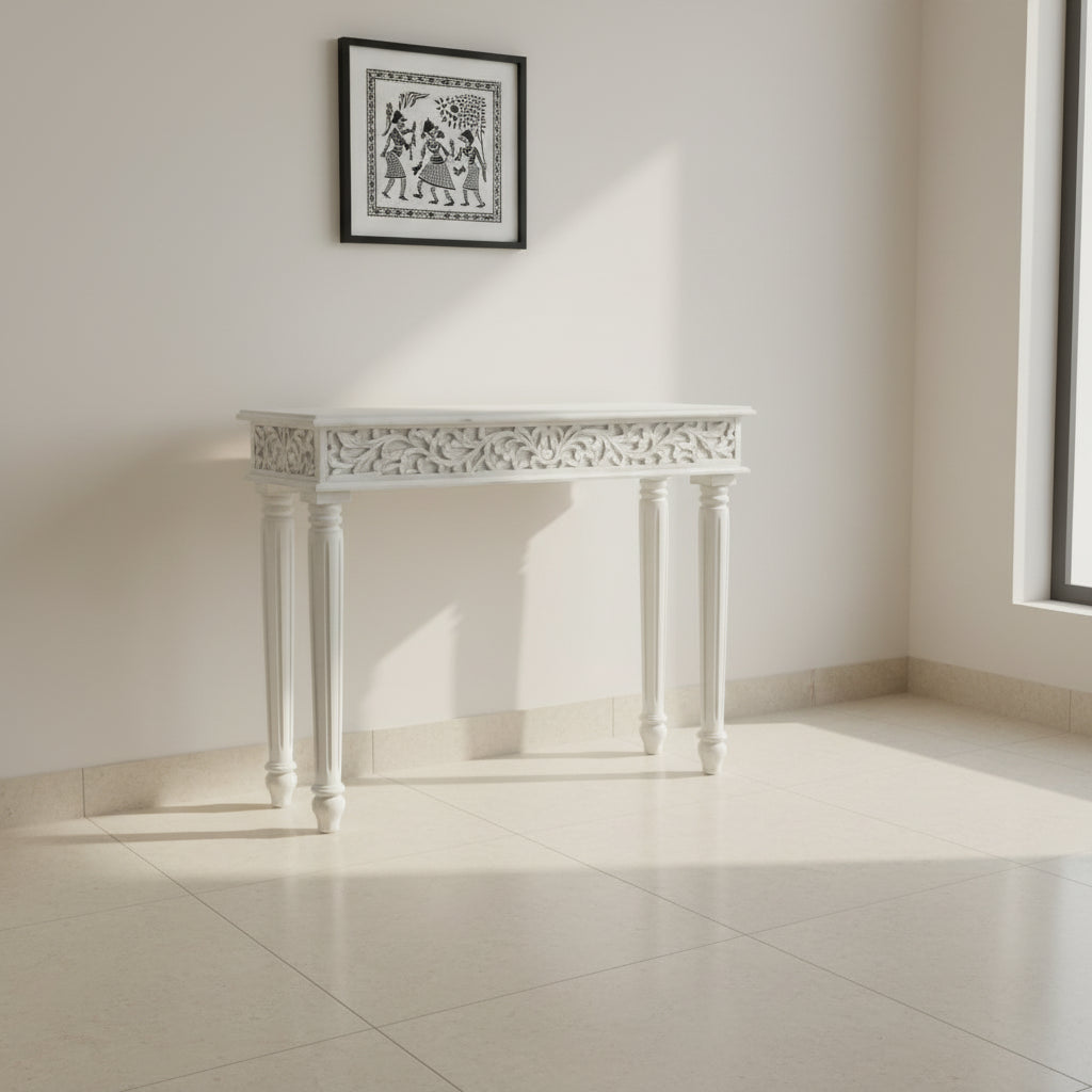 Hand-Carved Solid Wood Console Table – Distressed White