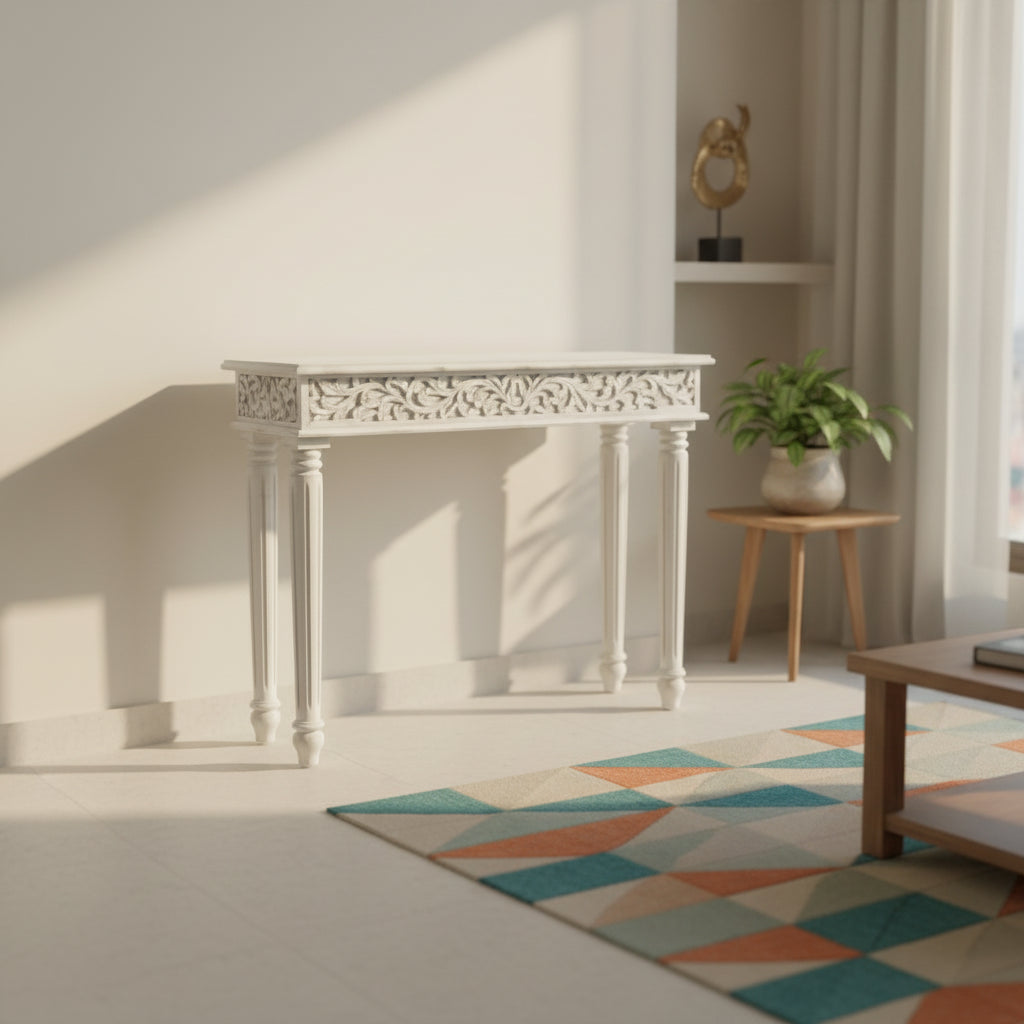 Hand-Carved Solid Wood Console Table – Distressed White