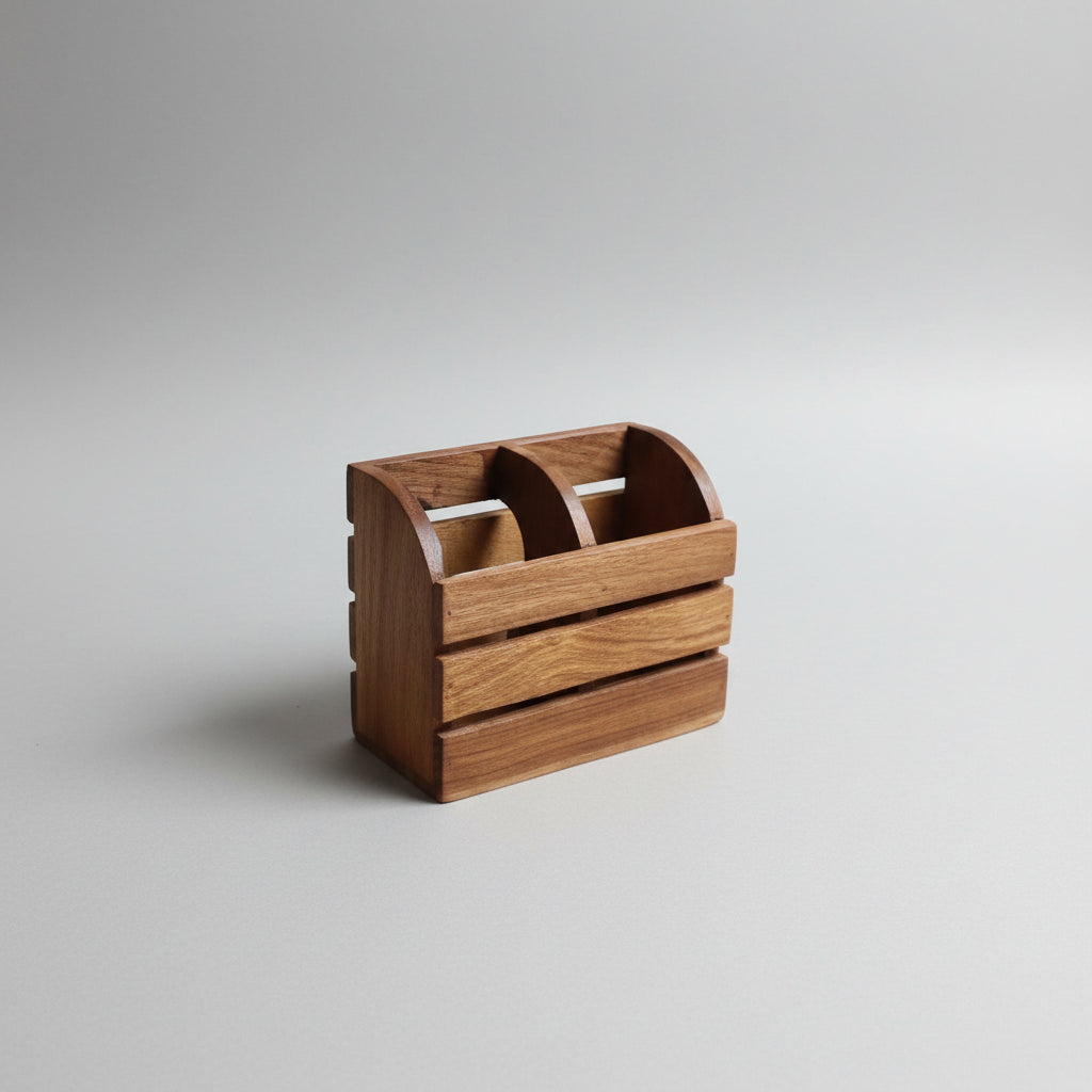 Handcrafted Wooden Cutlery Holder | 2 Compartment Wooden Spoon & Fork Stand | Multipurpose Desk Organizer 