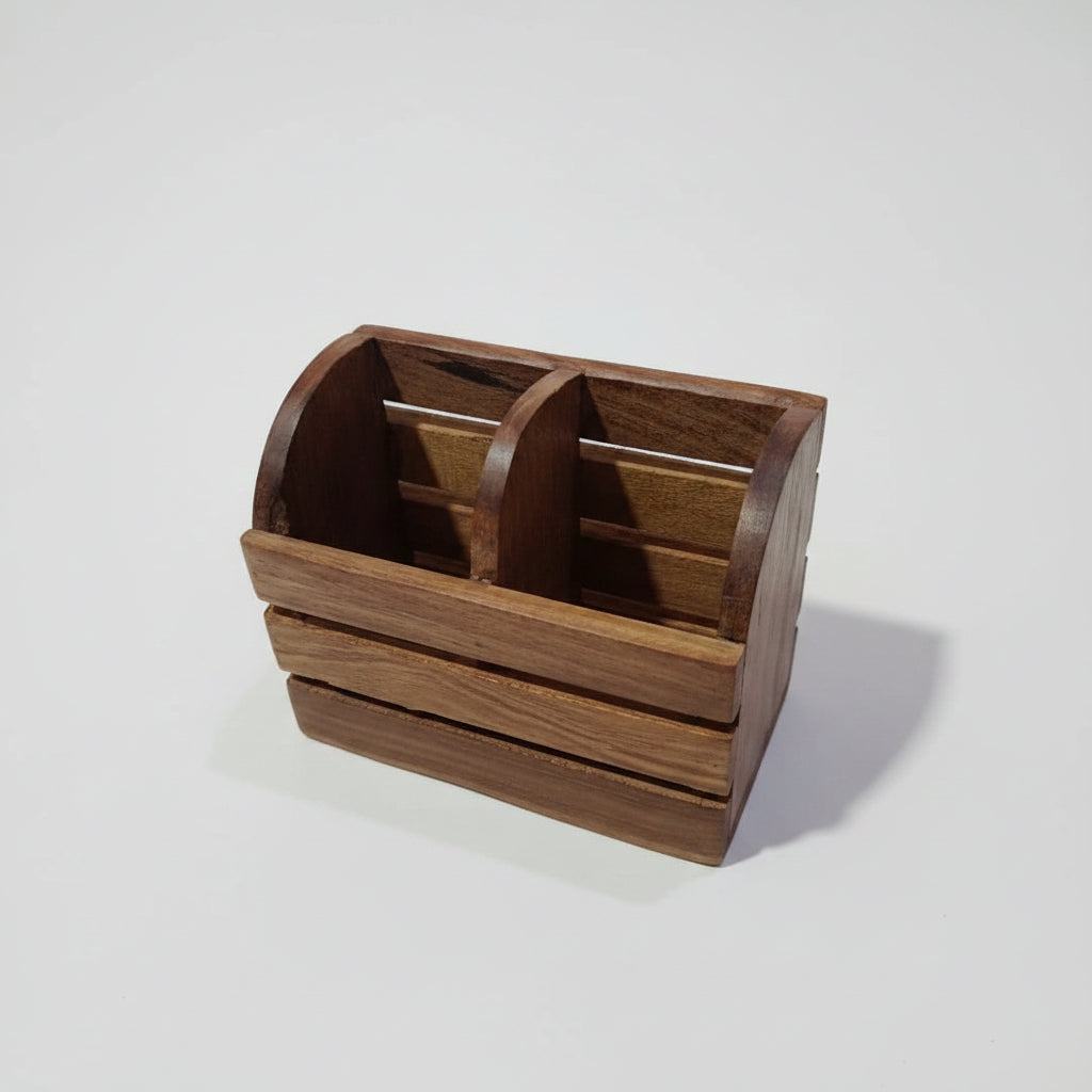 Handcrafted Wooden Cutlery Holder | 2 Compartment Wooden Spoon & Fork Stand | Multipurpose Desk Organizer 