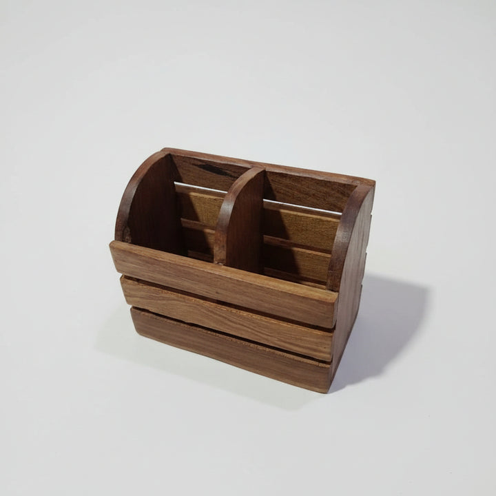 Handcrafted Wooden Cutlery Holder | 2 Compartment Wooden Spoon & Fork Stand | Multipurpose Desk Organizer 
