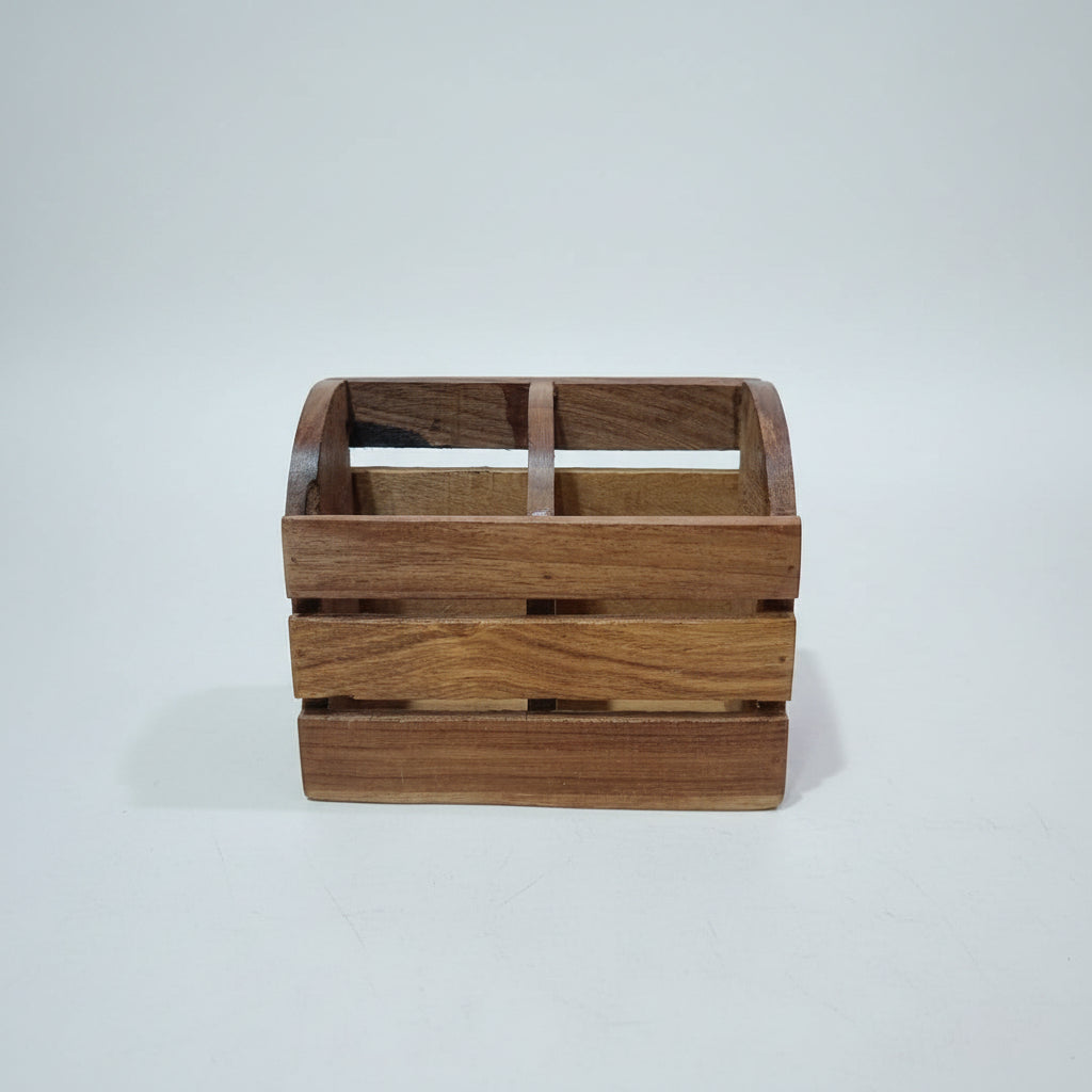 Handcrafted Wooden Cutlery Holder | 2 Compartment Wooden Spoon & Fork Stand | Multipurpose Desk Organizer 