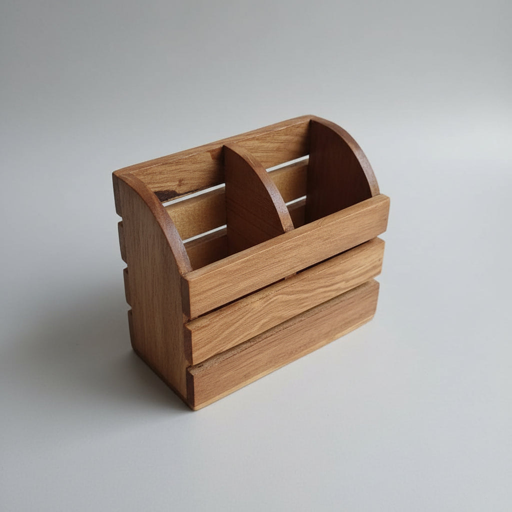 Handcrafted Wooden Cutlery Holder | 2 Compartment Wooden Spoon & Fork Stand | Multipurpose Desk Organizer 