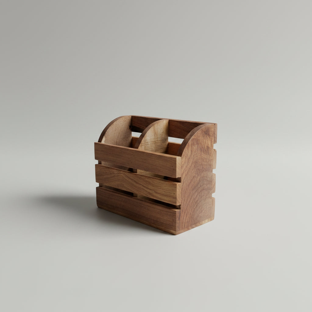 Handcrafted Wooden Cutlery Holder | 2 Compartment Wooden Spoon & Fork Stand | Multipurpose Desk Organizer 