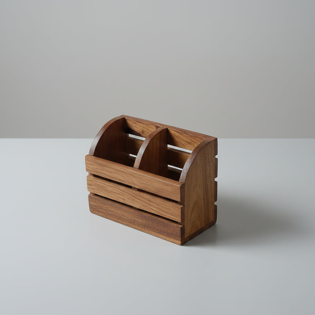 Handcrafted Wooden Cutlery Holder | 2 Compartment Wooden Spoon & Fork Stand | Multipurpose Desk Organizer 