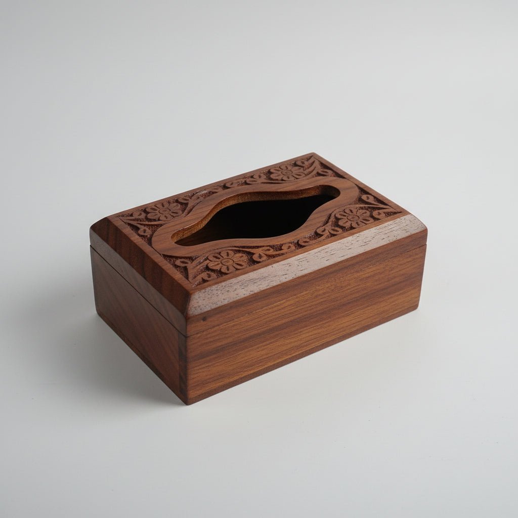 Handcrafted Wooden Tissue Box Cover with Floral Carving | Decorative Wooden Napkin Holder | Tissue Paper Storage Box 