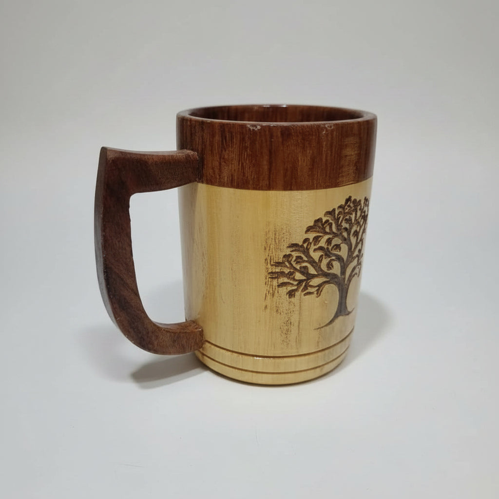 Handcrafted Wooden Coffee Mug with Tree of Life | Mango Wood Tea Cup | Sylvan Handicrafts 