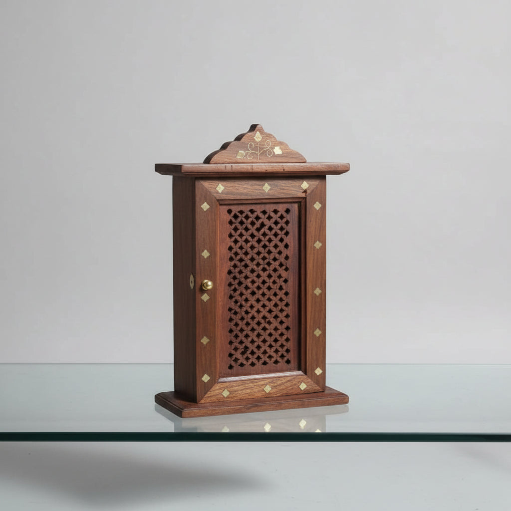 Handcrafted Wooden Key Holder Box with Door | Wall Mounted Key Cabinet with 6 Hooks | Decorative Wooden Key Organizer 
