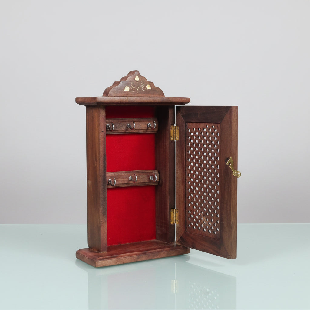 Handcrafted Wooden Key Holder Box with Door | Wall Mounted Key Cabinet with 6 Hooks | Decorative Wooden Key Organizer 