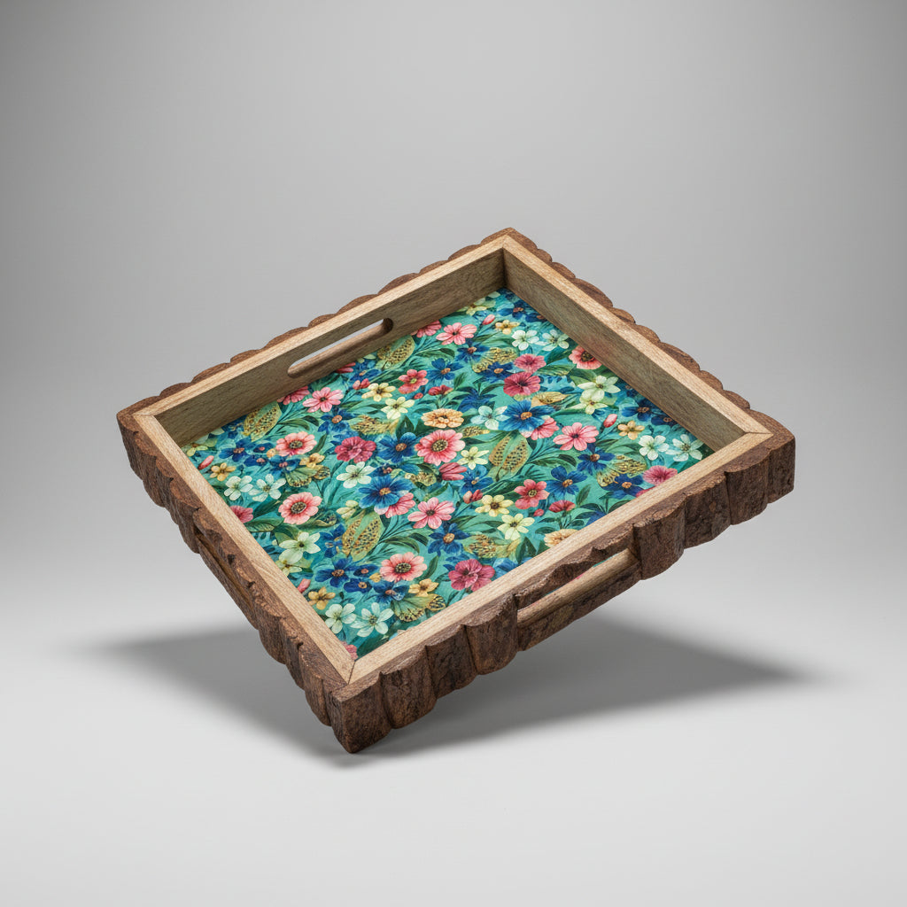 Rustic Wooden Serving Tray with Floral Print | Handmade Mango Wood Breakfast & Coffee Tray with Bark Edge Handles 