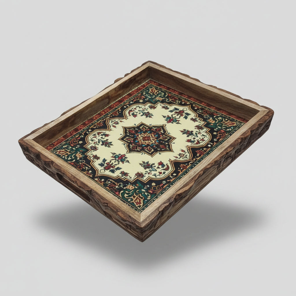 Rustic Wooden Serving Tray with Floral Print | Handmade Mango Wood Breakfast & Coffee Tray with Bark Edge Handles 