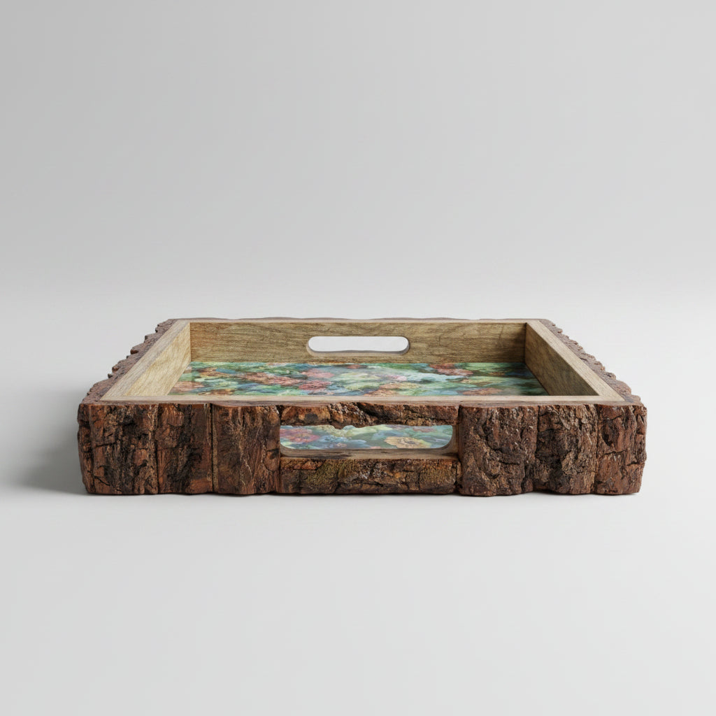 Rustic Wooden Serving Tray with Floral Print | Handmade Mango Wood Breakfast & Coffee Tray with Bark Edge Handles 