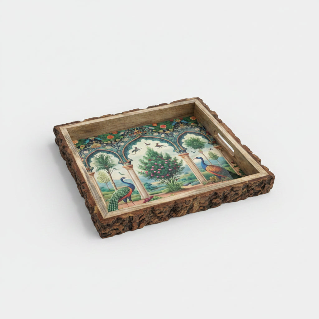 Rustic Wooden Serving Tray with Floral Print | Handmade Mango Wood Breakfast & Coffee Tray with Bark Edge Handles 