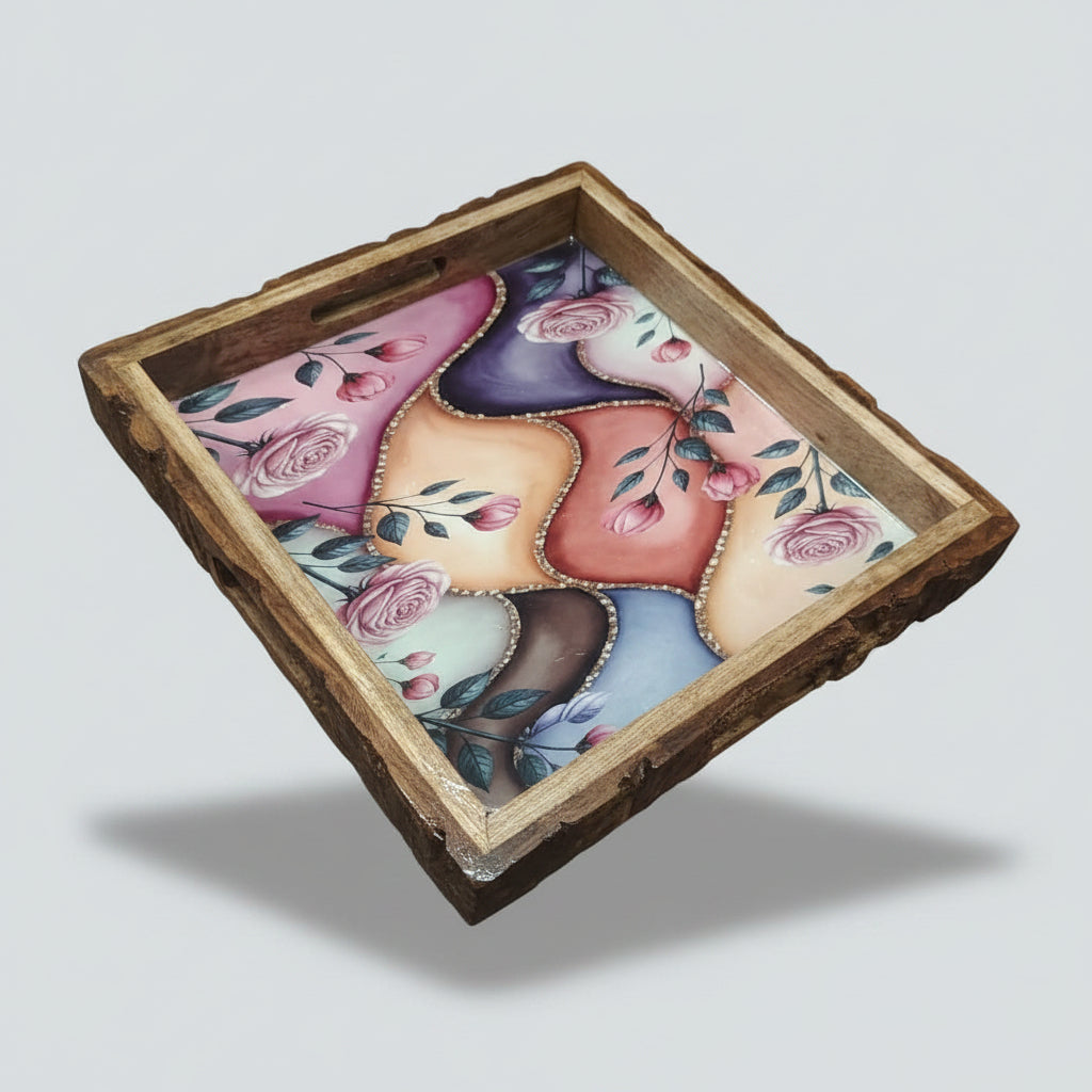 Rustic Wooden Serving Tray with Floral Print | Handmade Mango Wood Breakfast & Coffee Tray with Bark Edge Handles 