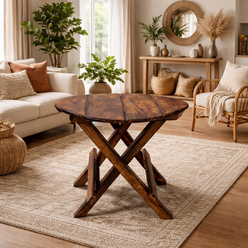 Foldable Round Wooden Coffee Table – Brown