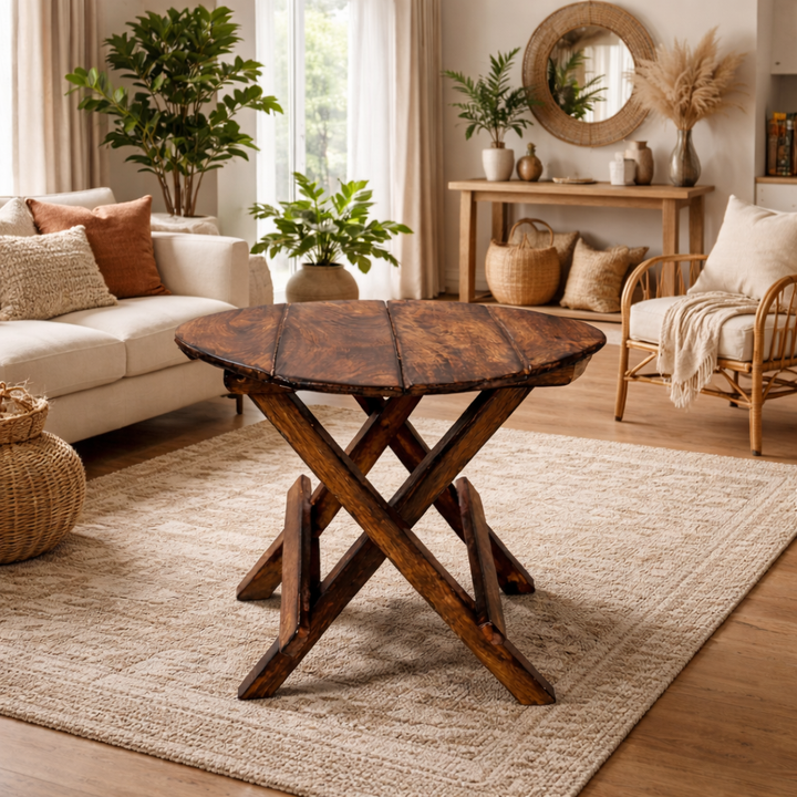 Foldable Round Wooden Coffee Table – Brown