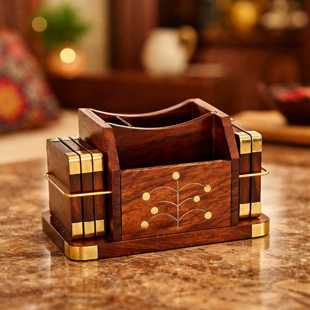 Wooden Brass Carved Coasters – Set of 6