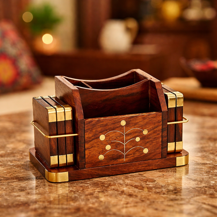 Wooden Brass Carved Coasters – Set of 6