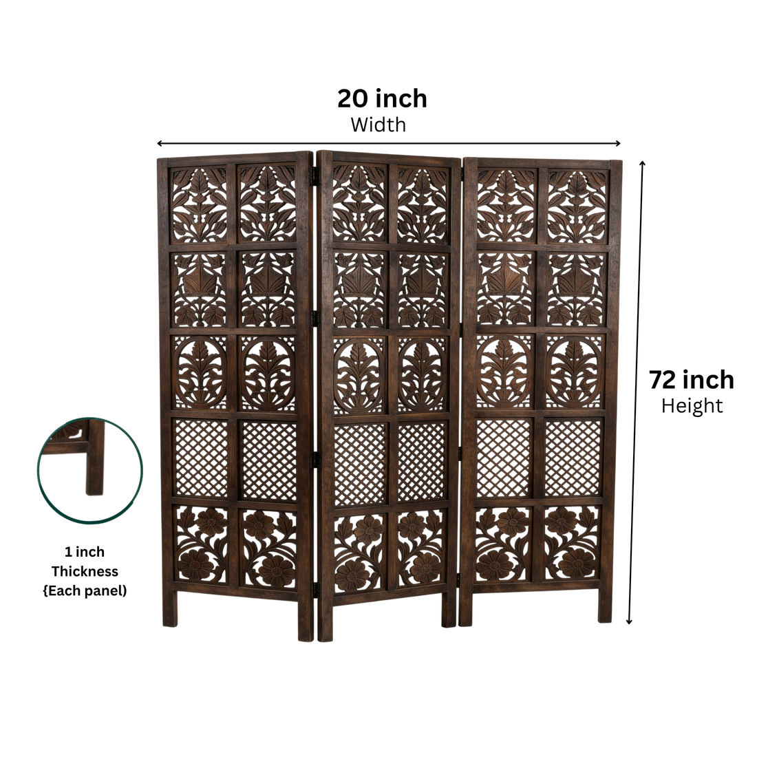 3-Panel Wooden Room Divider – Antique Finish