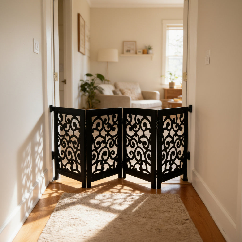 4-Panel Matte Black Wooden Folding Safety Gate
