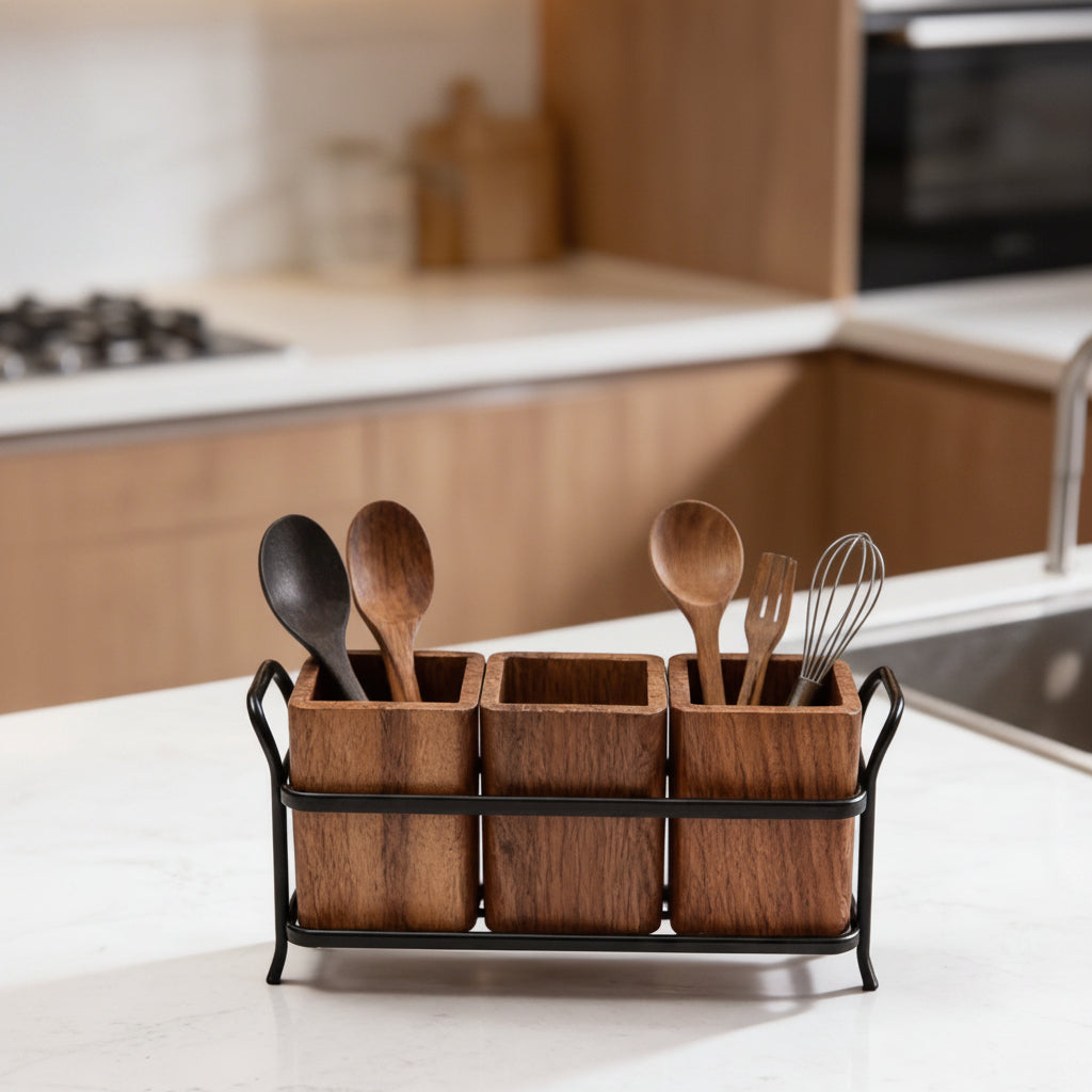 Wooden Cutlery Holder with Iron Stand
