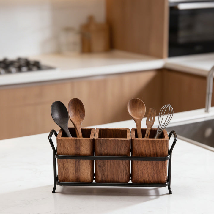 Wooden Cutlery Holder with Iron Stand
