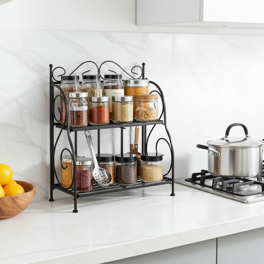 2-Tier Iron Spice Shelf Rack – Brown 