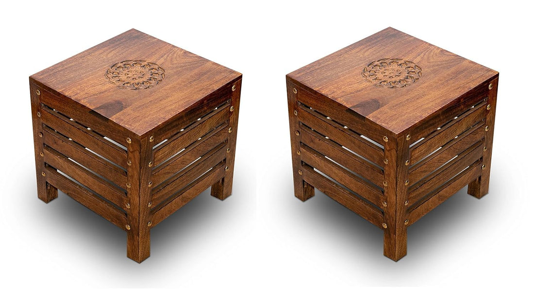 Handcrafted Wooden Square Stools (Pack of 2)