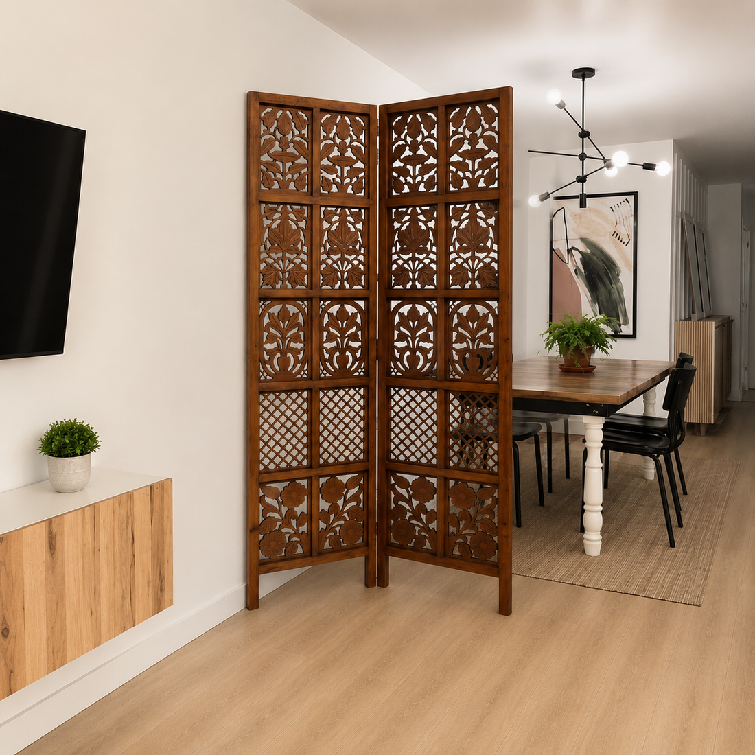 2-Panel Wooden Room Divider – Melamine Finish (Brown) 