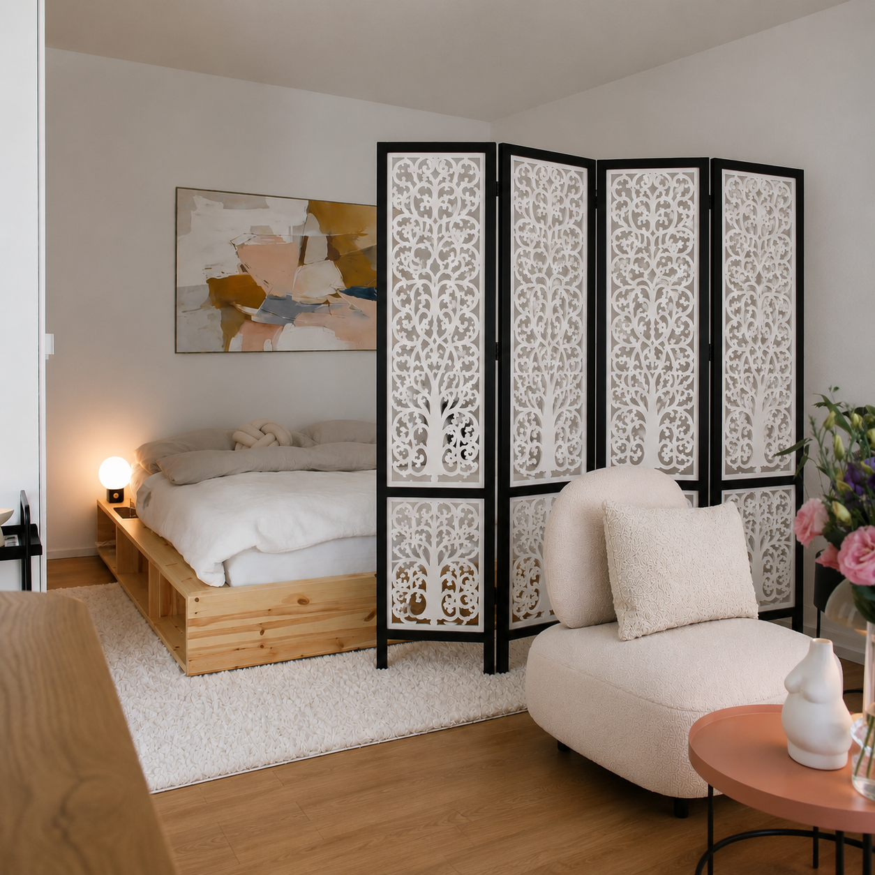 4-Panel Wooden Room Divider – White & Black