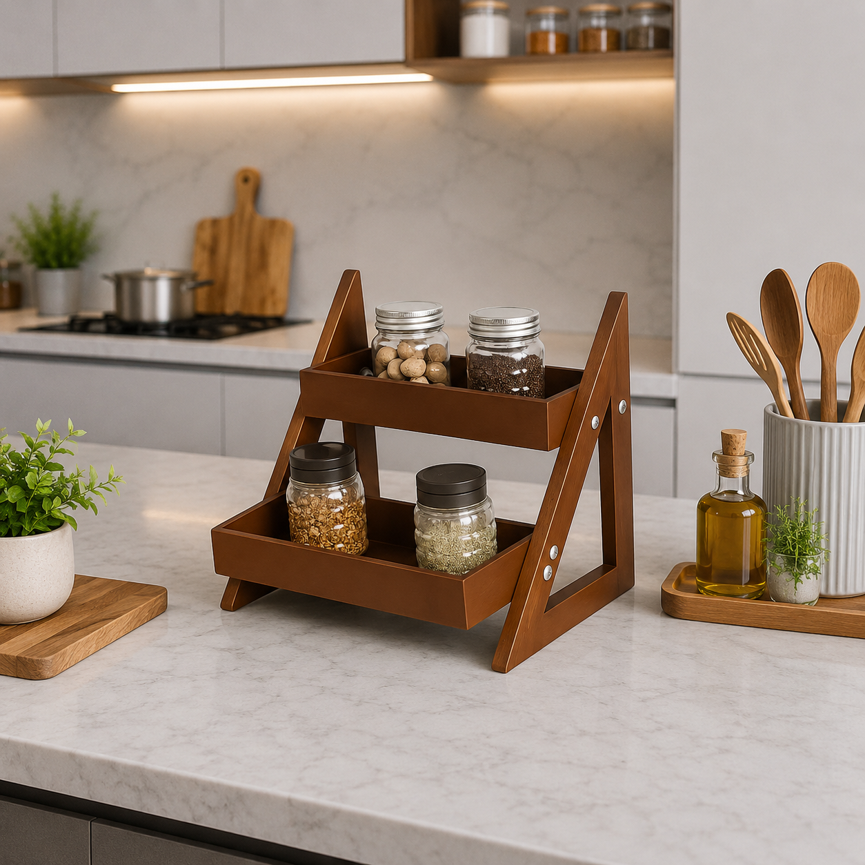 2-Tier Triangular Wooden Spice Rack