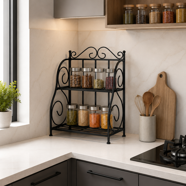 2-Tier Iron Spice Shelf Rack – Brown
